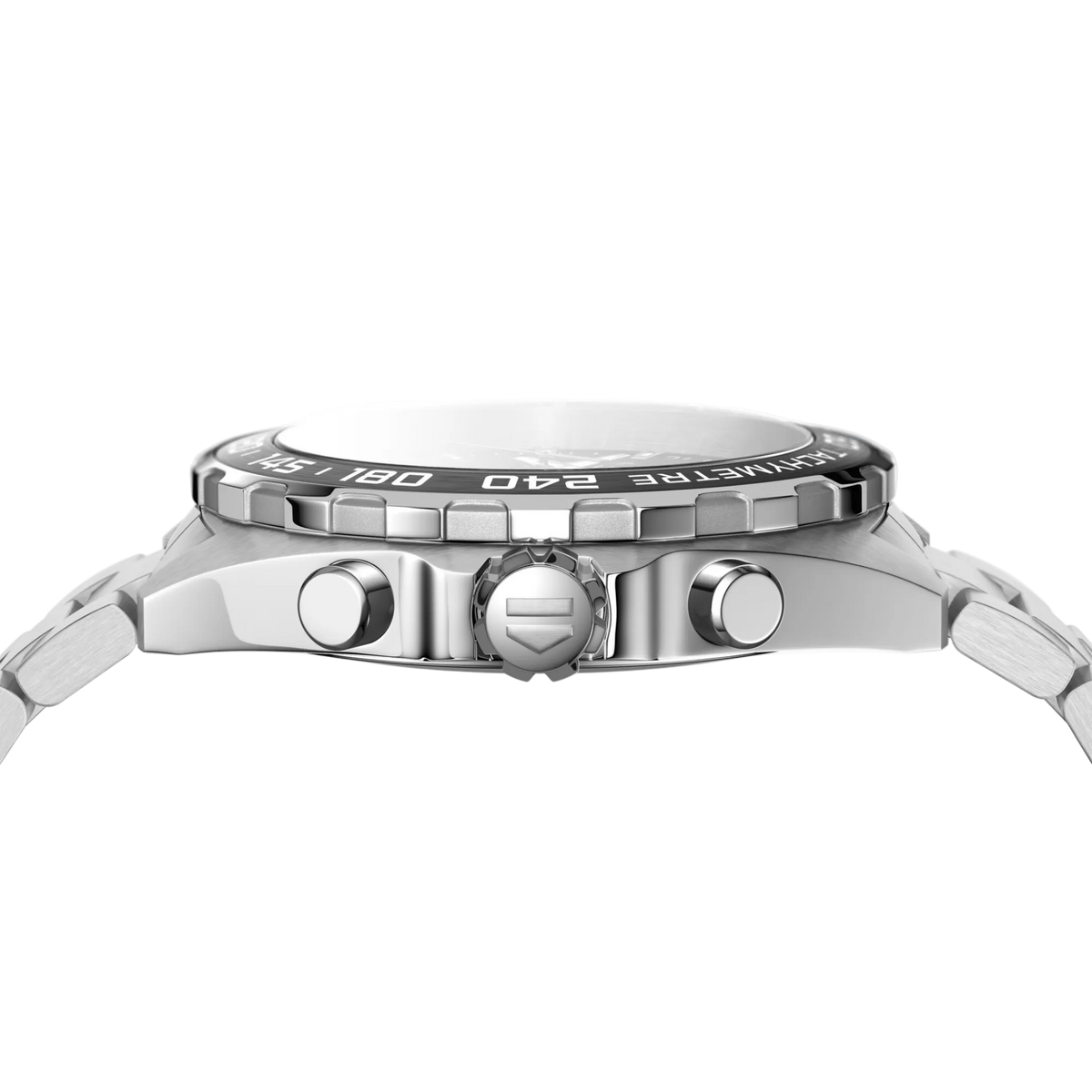 side angle view of the steel case featuring the tachymetre bezel, crown and pushers, emphasising the watch’s sporty, performance-driven design