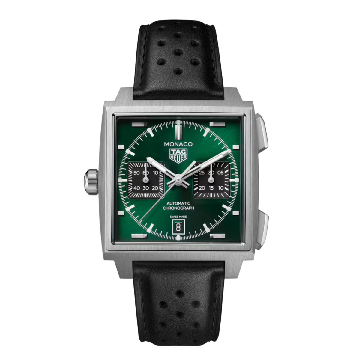 TAG Heuer Monaco Chronograph automatic watch with a brushed stainless steel square case, green dial, black sub-dials, date display, and black perforated leather strap.