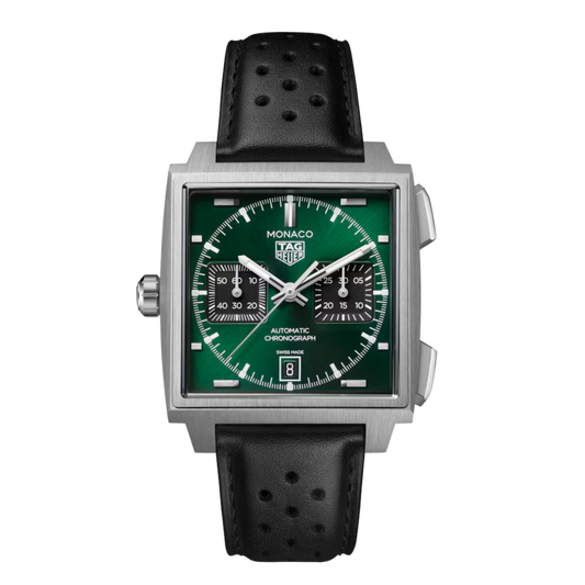 TAG Heuer Monaco Chronograph automatic watch with a brushed stainless steel square case, green dial, black sub-dials, date display, and black perforated leather strap.