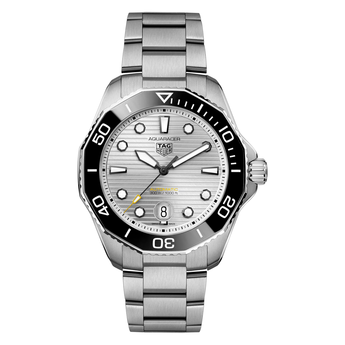 TAG Heuer Aquaracer Professional 300 Date 43mm, featuring a silver dial, ceramic bezel, automatic movement and 300m water resistance.