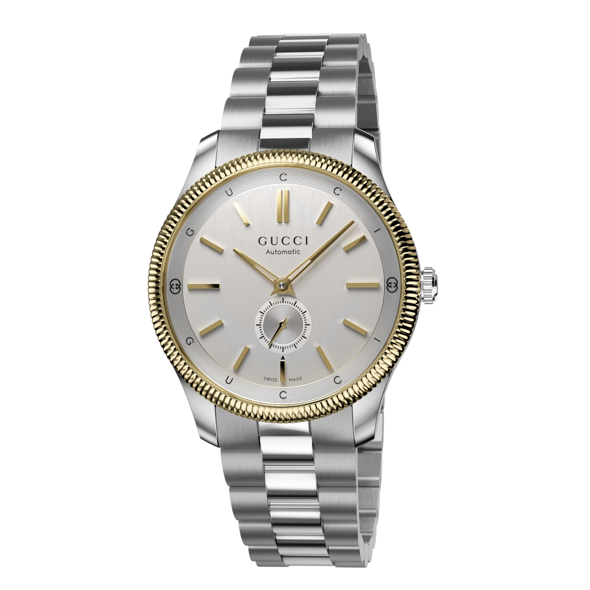 Gucci automatic stainless steel watch with a silver dial, gold-tone fluted bezel, small seconds sub-dial, and stainless steel bracelet shown in full front view