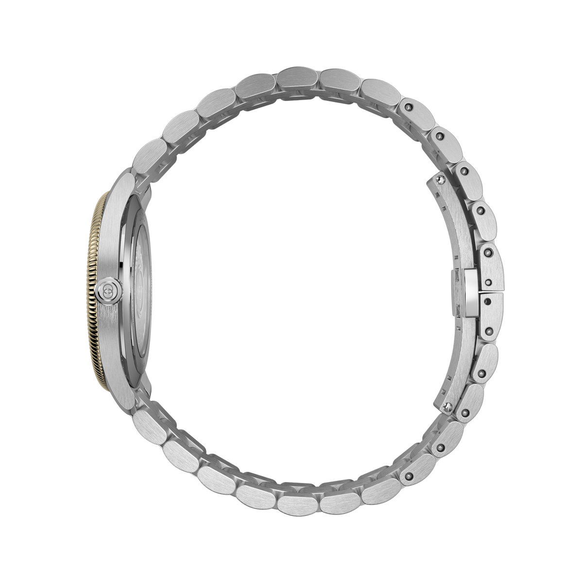 side profile of the Gucci automatic watch highlighting the polished stainless steel case, gold-tone fluted bezel, signed crown, and brushed bracelet links

