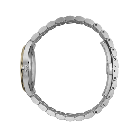 side profile of the Gucci automatic watch highlighting the polished stainless steel case, gold-tone fluted bezel, signed crown, and brushed bracelet links
