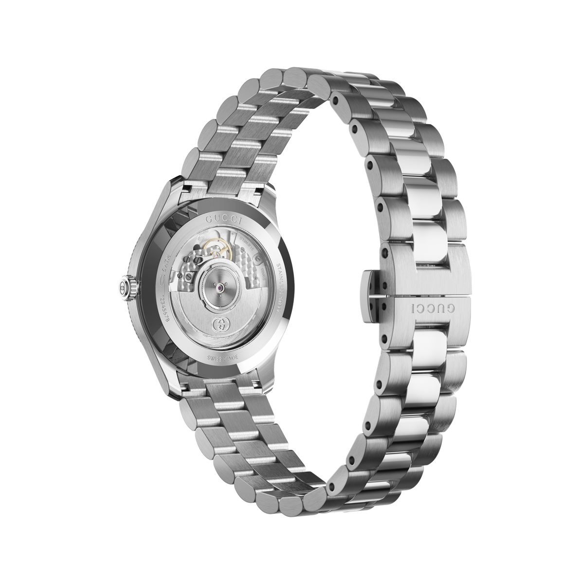 rear view of the Gucci bracelet watch displaying the stainless steel case back, deployment clasp fastening, and multi-link bracelet construction
