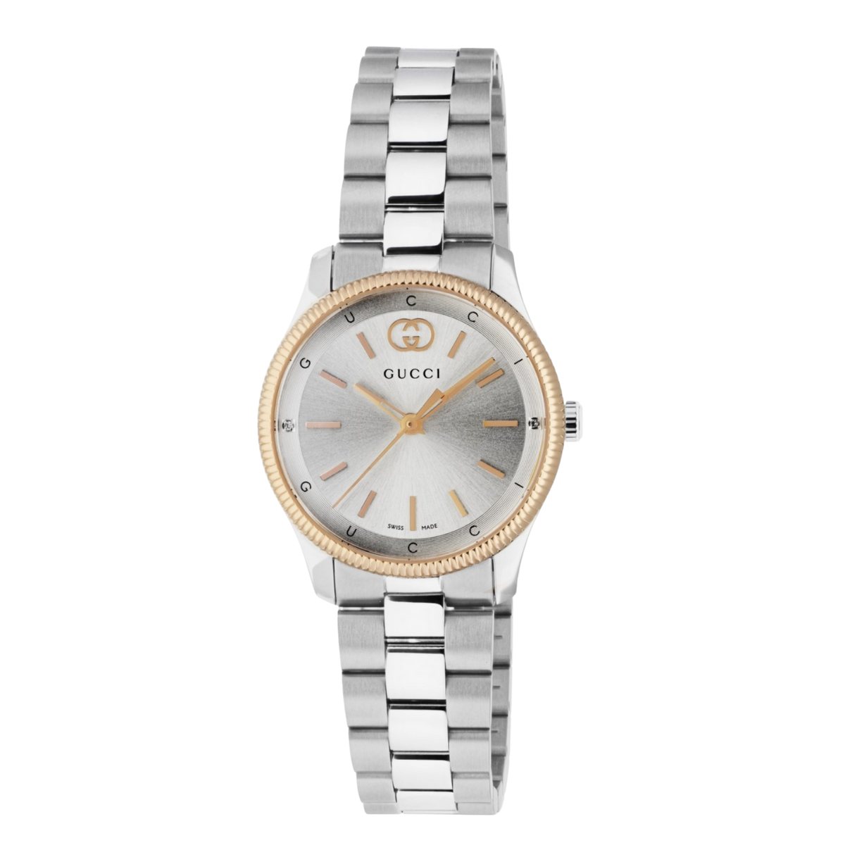 Gucci stainless steel watch with a silver sunray dial, yellow gold-tone bezel, and minimalist baton hour markers shown in full front view