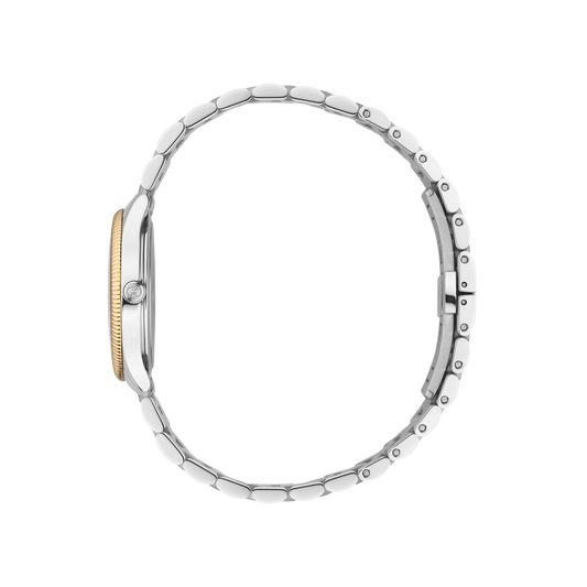 side profile of the Gucci watch highlighting the fluted yellow gold-tone bezel, polished stainless steel case, and multi-link bracelet design
