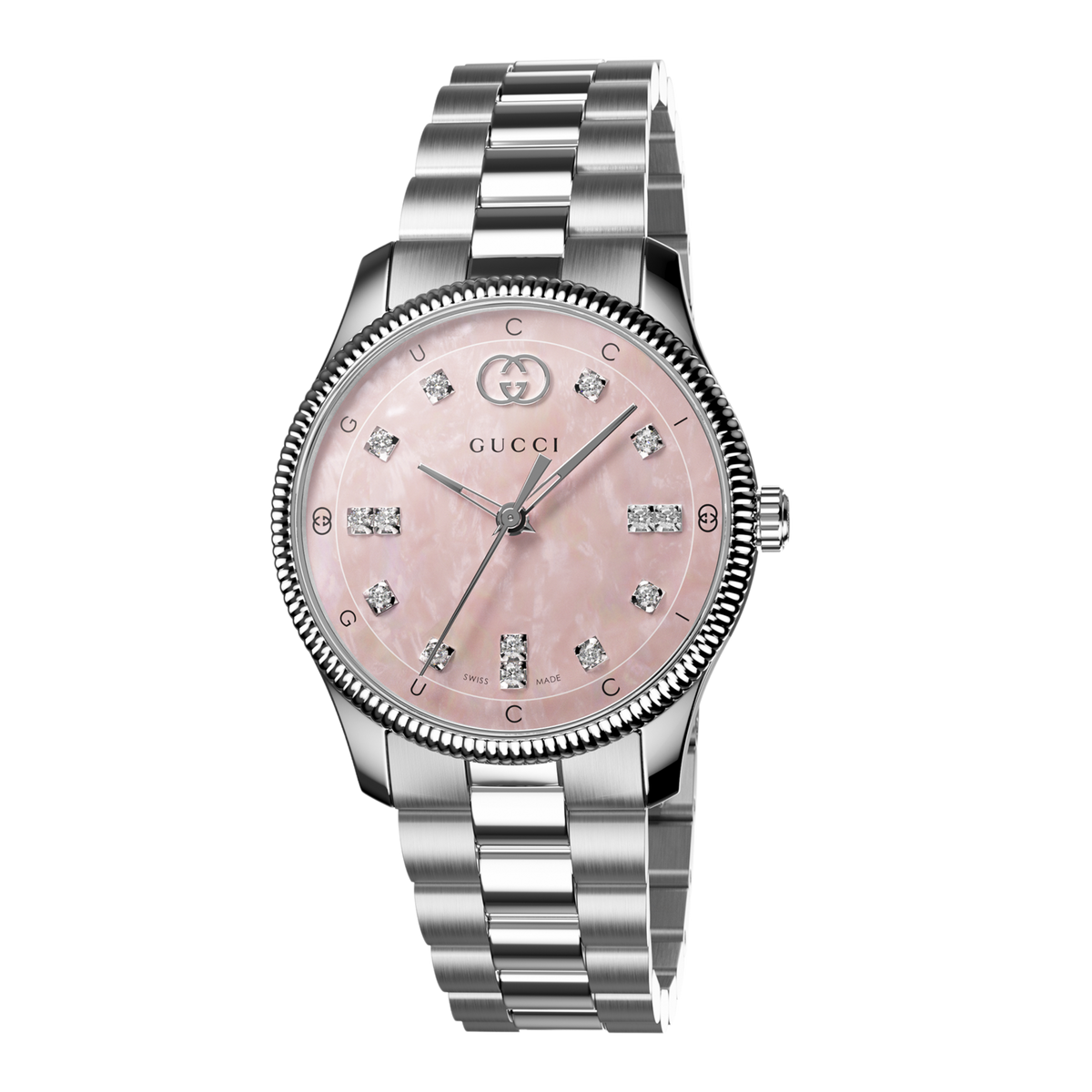 Gucci stainless steel watch with a pink mother-of-pearl dial, diamond hour markers, and fluted bezel shown in full front view
