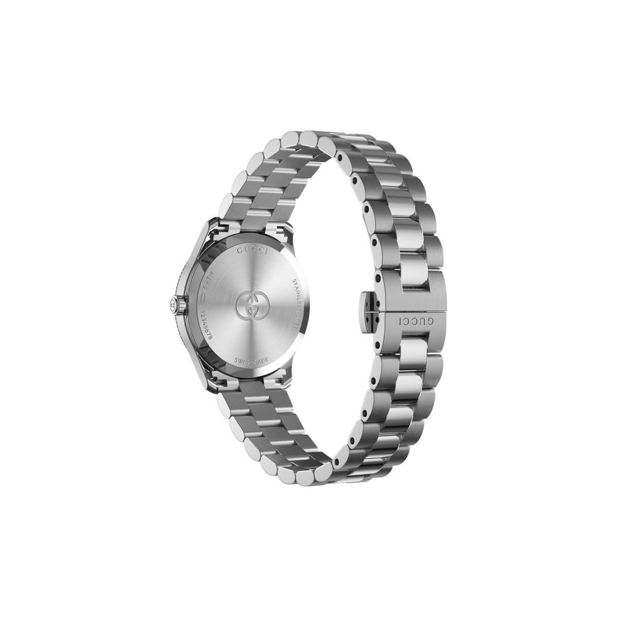 rear view of the Gucci bracelet watch displaying the stainless steel case back, secure clasp fastening, and brushed multi-link bracelet construction
