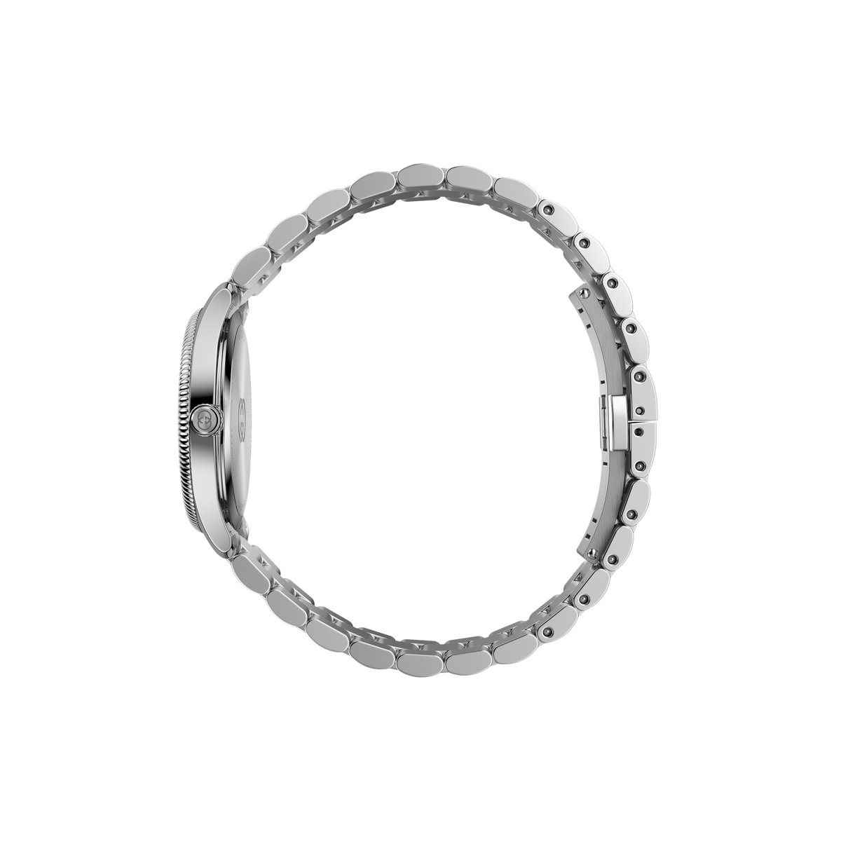 side profile of the Gucci watch highlighting the polished stainless steel case, textured bezel edge, and bracelet link detailing
