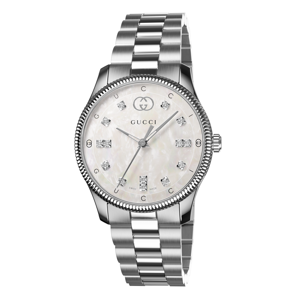 Gucci stainless steel watch with a mother-of-pearl dial, diamond hour markers, and fluted bezel shown in full front view
