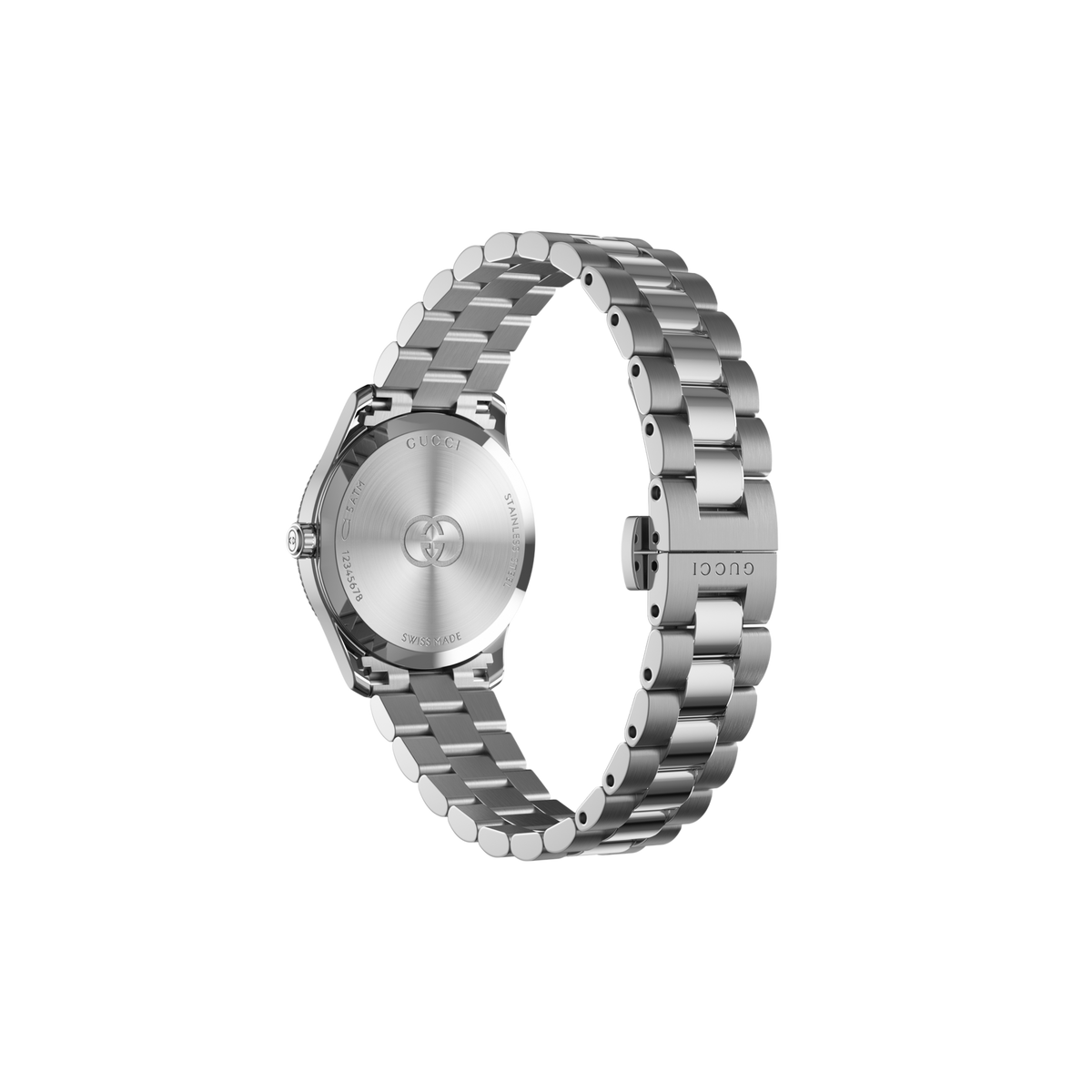 rear view of the Gucci bracelet watch displaying the stainless steel case back, secure clasp fastening, and brushed multi-link bracelet construction
