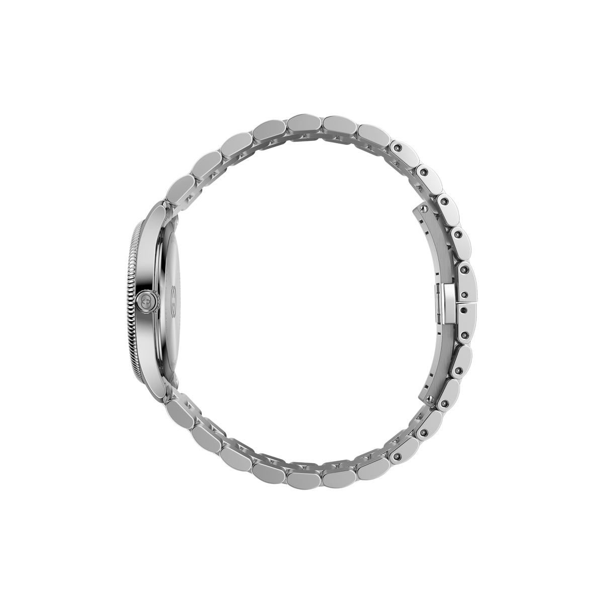 side profile of the Gucci watch highlighting the polished stainless steel case, textured bezel edge, and bracelet link detailing