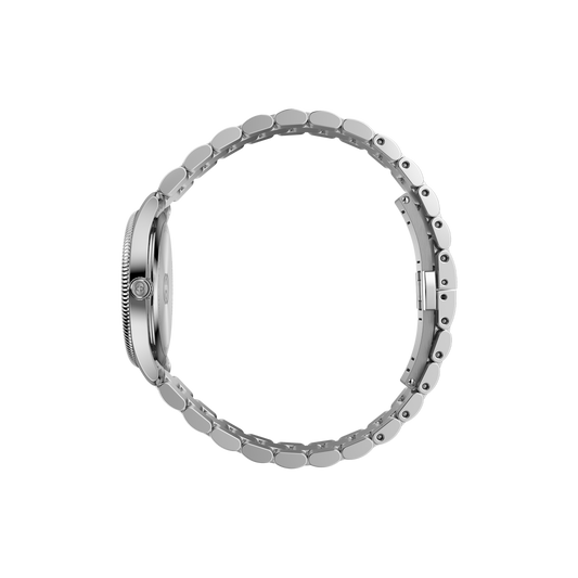 side profile of the Gucci watch highlighting the polished stainless steel case, textured bezel edge, and bracelet link detailing