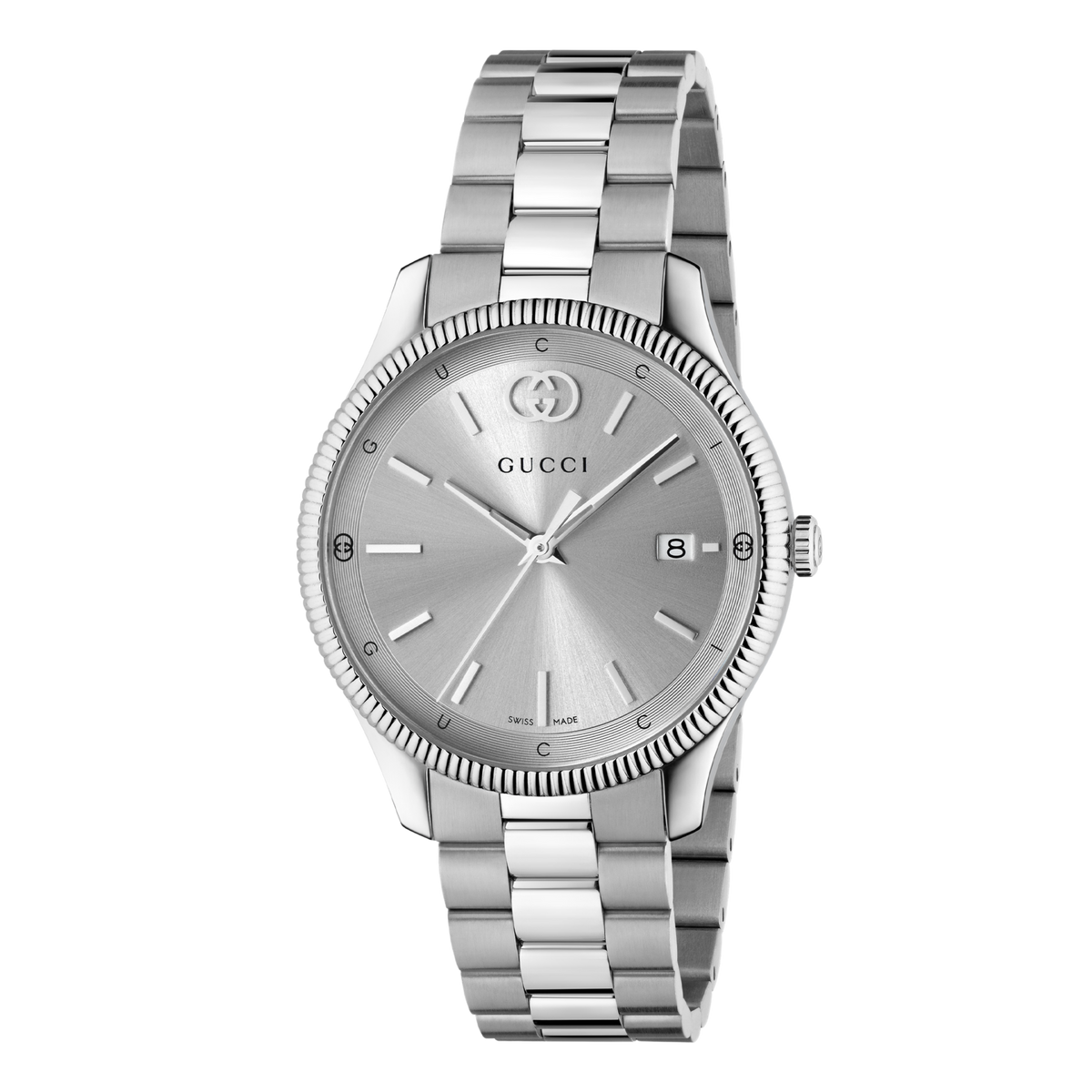 Gucci stainless steel watch with a silver sunray dial, fluted bezel, date display, and brushed stainless steel bracelet shown in full front view
