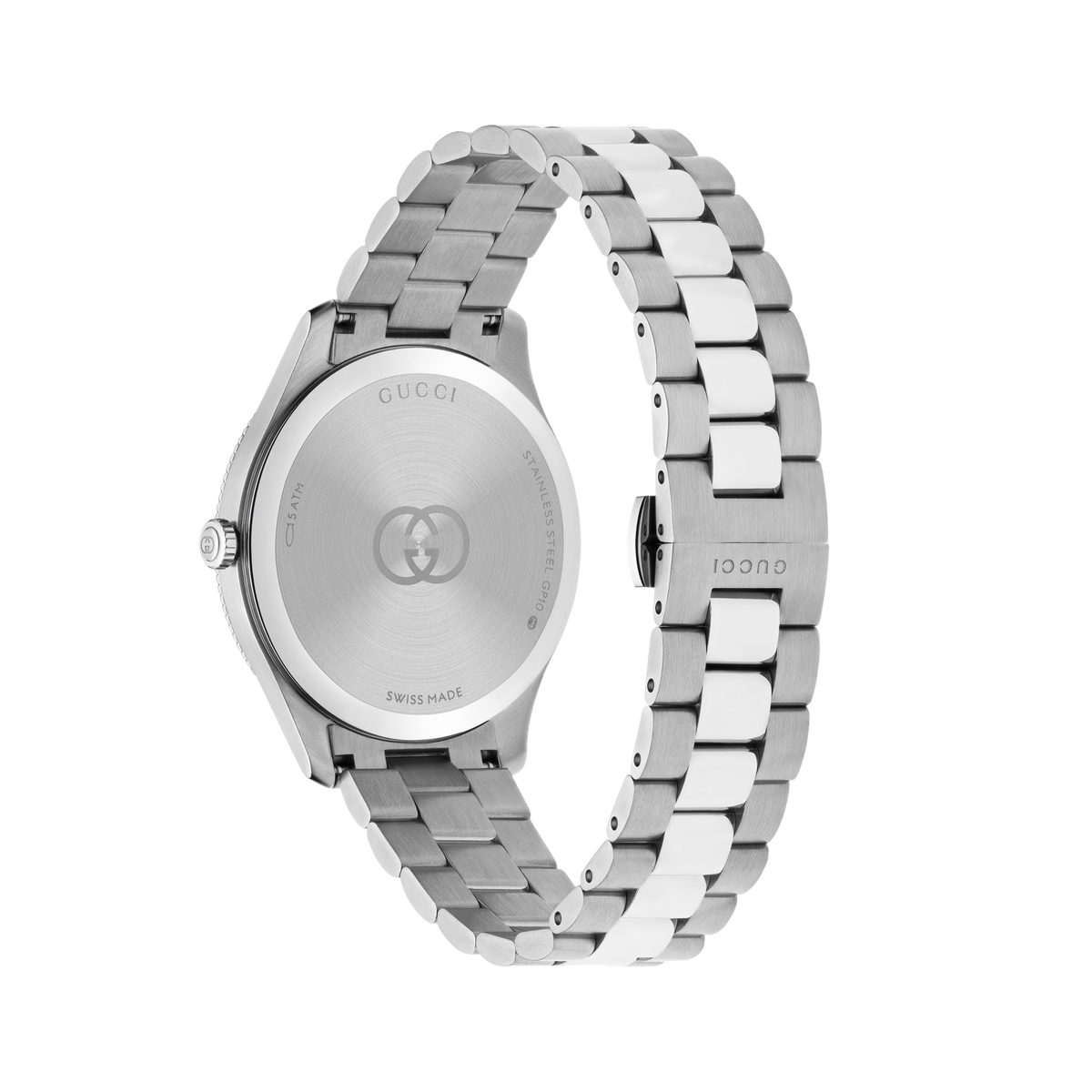 rear view of the Gucci bracelet watch displaying the stainless steel case back, folding clasp fastening, and brushed multi-link bracelet construction
