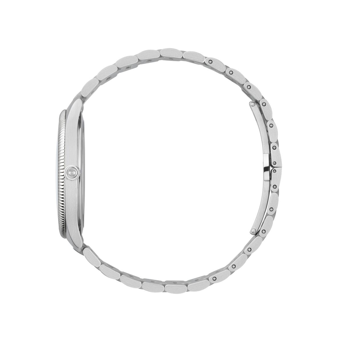side profile of the Gucci watch highlighting the polished case edges, fluted bezel detailing, signed crown, and stainless steel bracelet links
