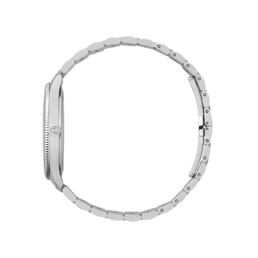 side profile of the Gucci watch highlighting the polished case edges, fluted bezel detailing, signed crown, and stainless steel bracelet links
