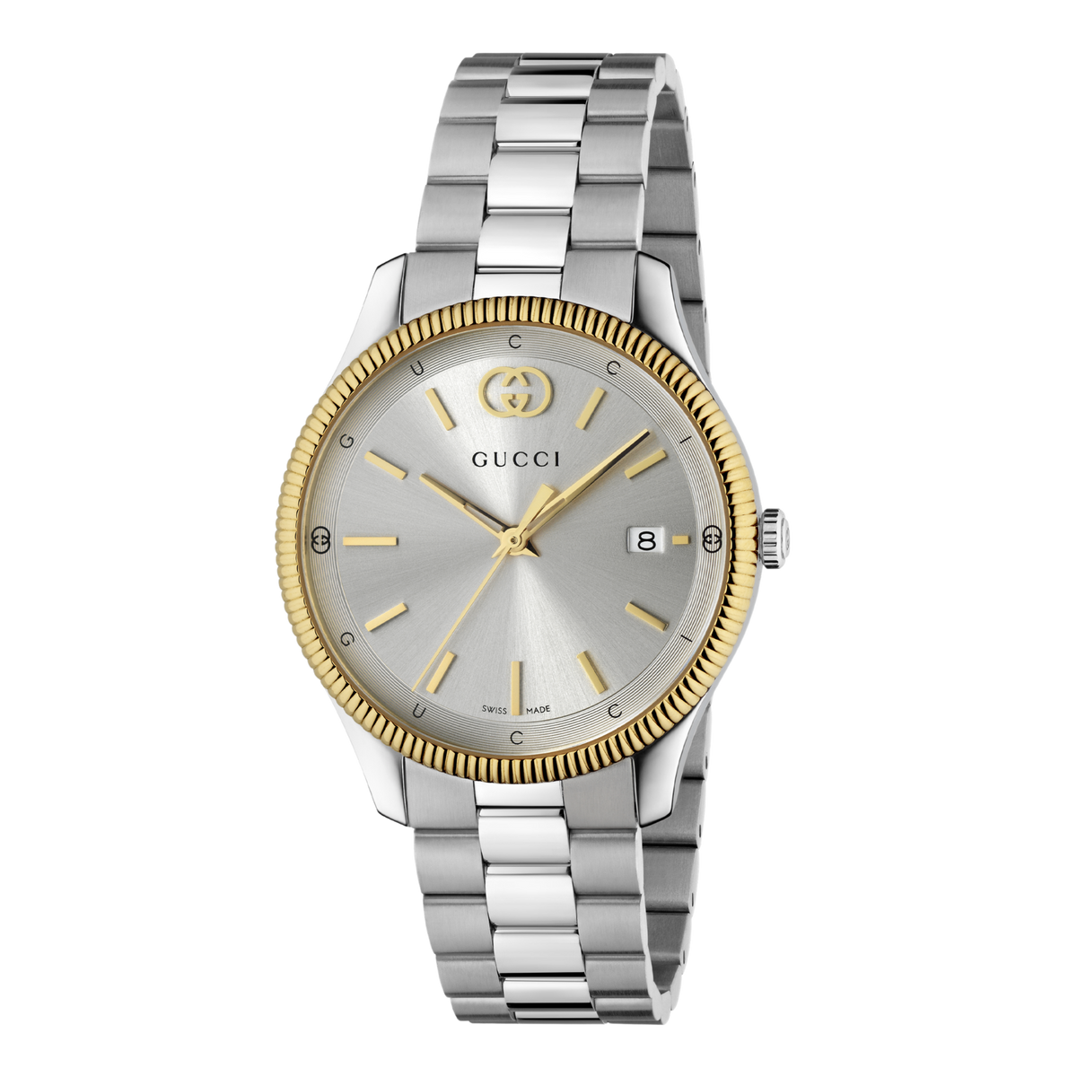 Gucci stainless steel watch with a silver sunray dial, gold fluted bezel, date display, and brushed stainless steel bracelet shown in full front view