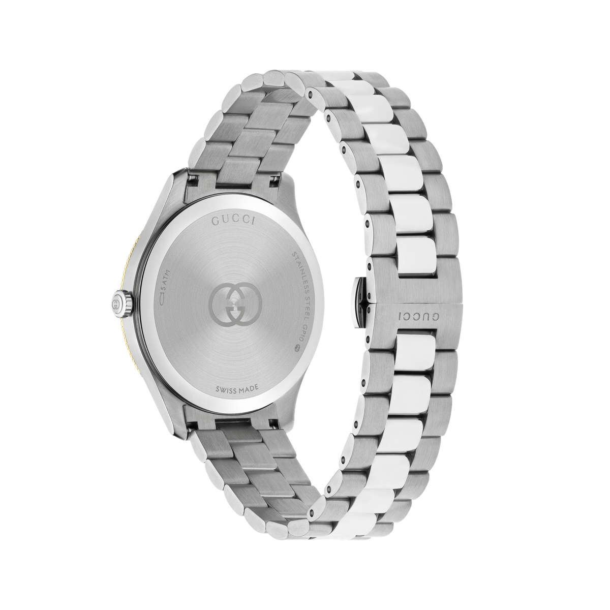 side profile of the Gucci watch highlighting the polished case edges, gold fluted bezel detailing, signed crown, and stainless steel bracelet links
