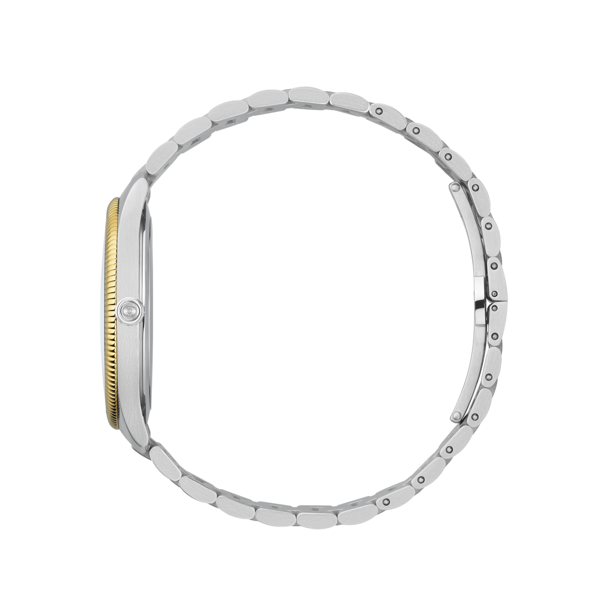 rear view of the Gucci bracelet watch displaying the stainless steel case back, folding clasp fastening, and brushed multi-link bracelet construction

