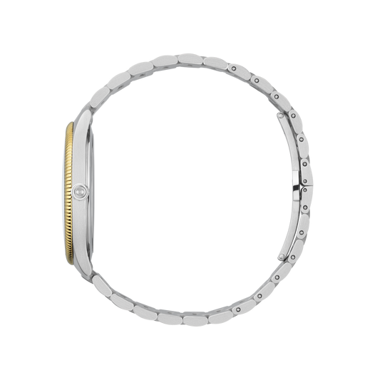 rear view of the Gucci bracelet watch displaying the stainless steel case back, folding clasp fastening, and brushed multi-link bracelet construction
