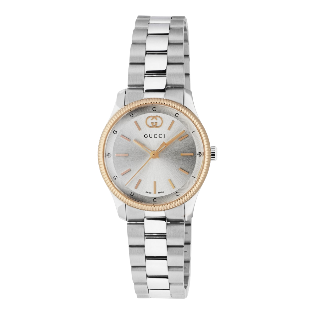 Gucci stainless steel watch with a silver sunray dial, yellow gold-tone bezel, and minimalist baton hour markers shown in full front view