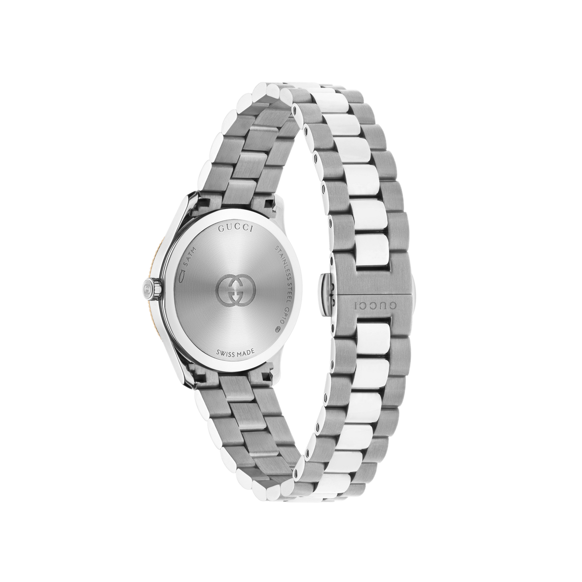 rear view of the Gucci bracelet watch displaying the stainless steel case back, secure folding clasp, and brushed and polished link construction
