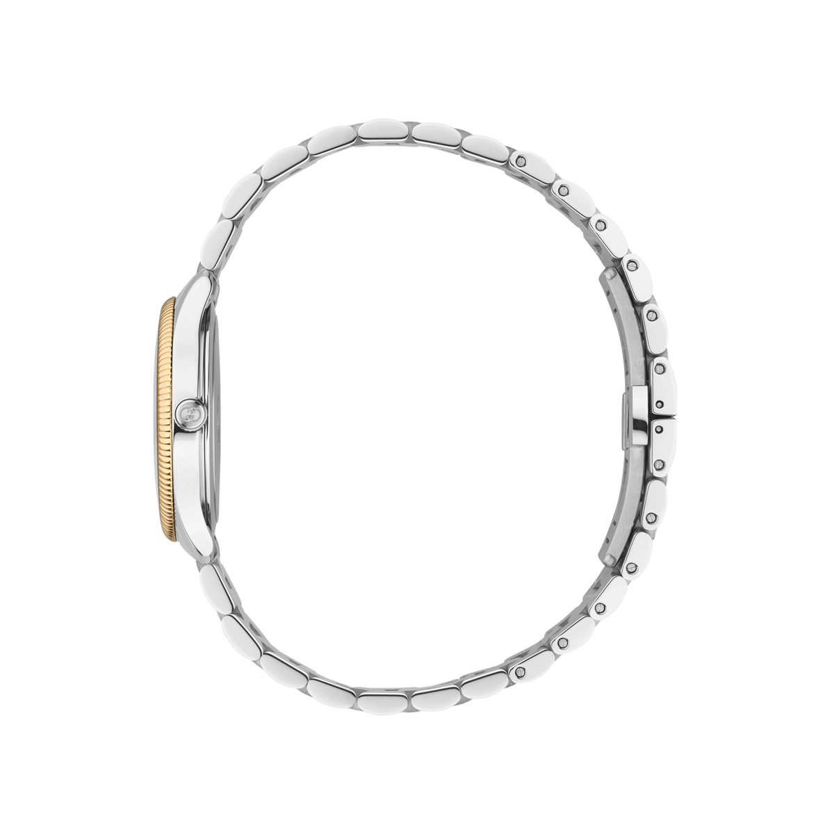 side profile of the Gucci watch highlighting the fluted yellow gold-tone bezel, polished stainless steel case, and multi-link bracelet design
