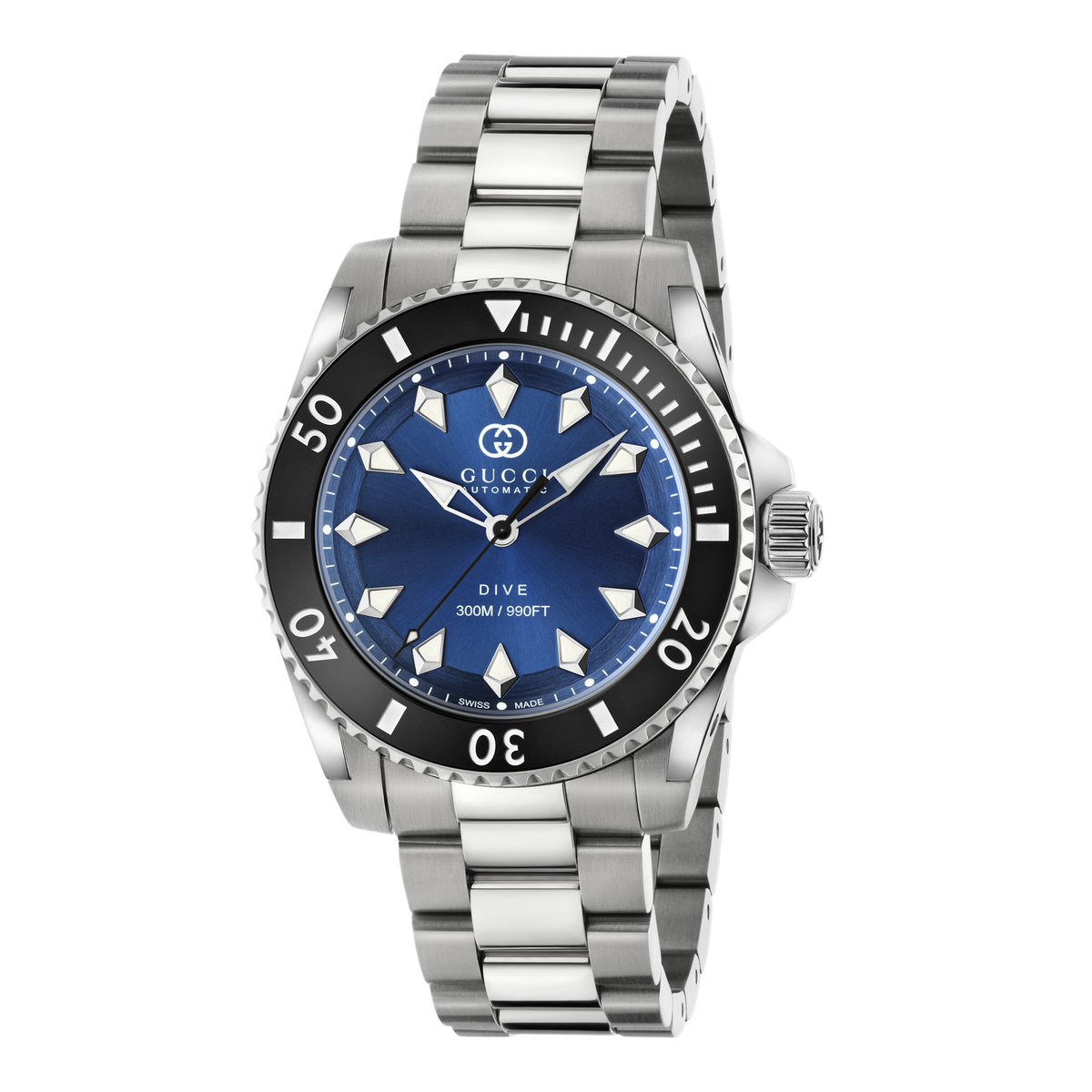 Gucci Dive automatic stainless steel watch with a blue dial, black rotating bezel, luminous hour markers, and stainless steel bracelet shown in full front view
