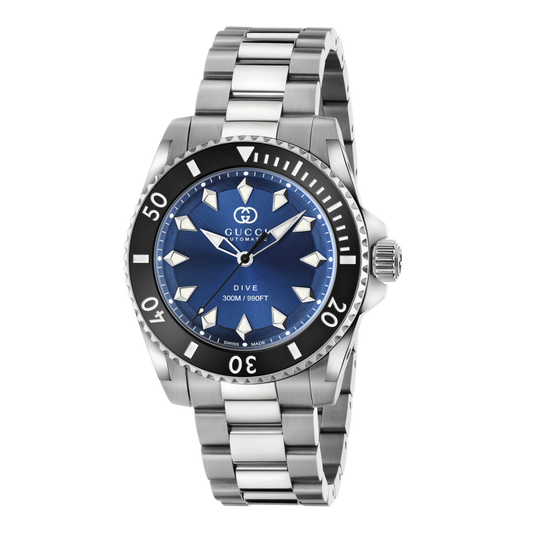 Gucci Dive automatic stainless steel watch with a blue dial, black rotating bezel, luminous hour markers, and stainless steel bracelet shown in full front view
