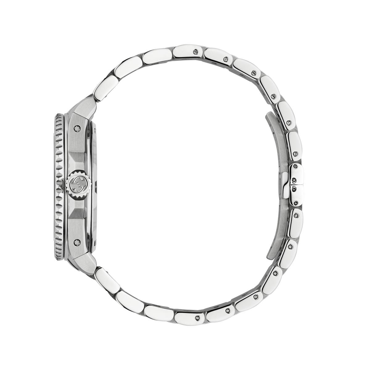 side profile of the Gucci Dive watch highlighting the brushed stainless steel case, unidirectional dive bezel, and screw-down crown detailing
