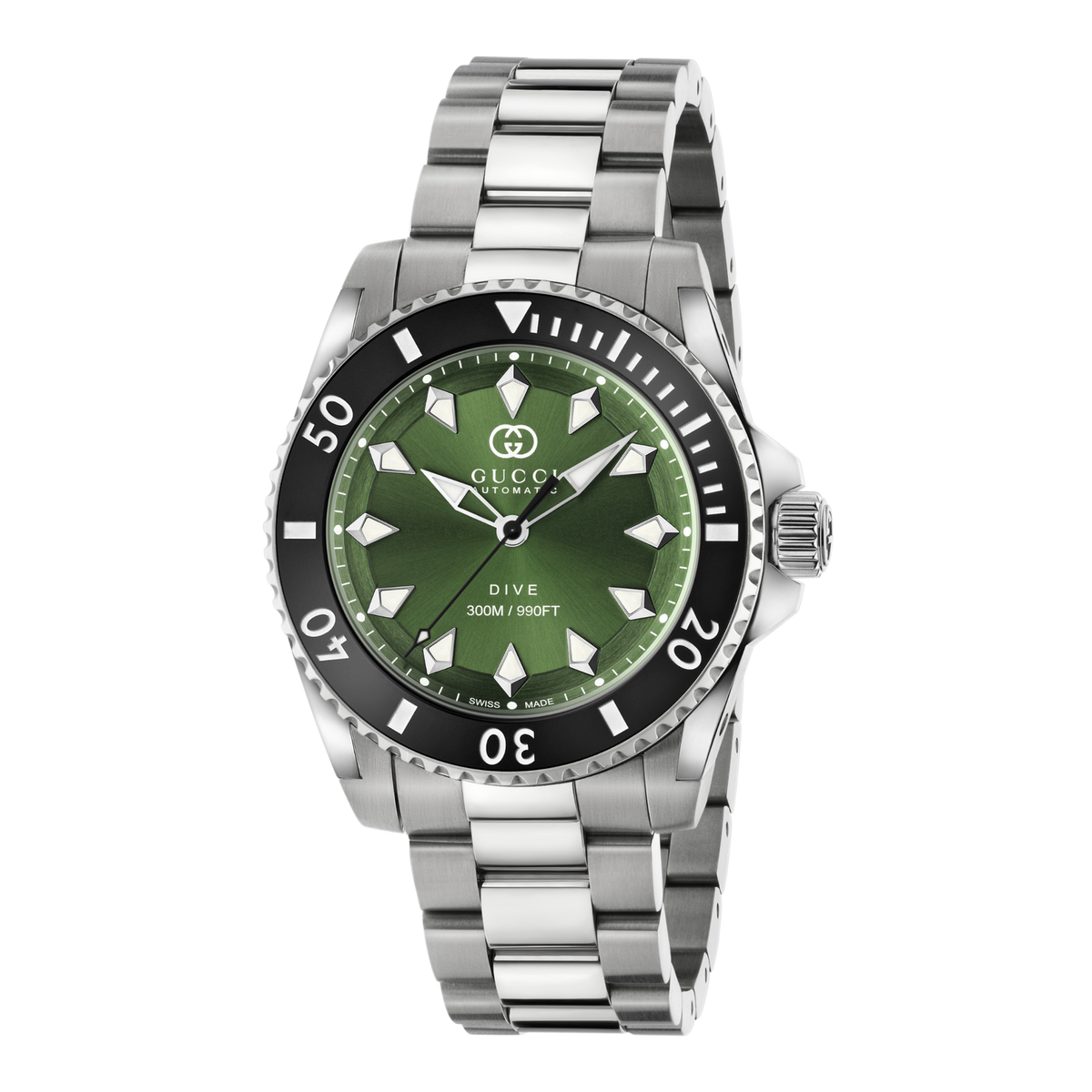Gucci Dive automatic stainless steel watch with a green dial, black rotating bezel, luminous hour markers, and stainless steel bracelet shown in full front view
