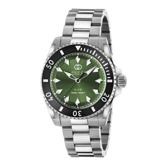 Gucci Dive automatic stainless steel watch with a green dial, black rotating bezel, luminous hour markers, and stainless steel bracelet shown in full front view
