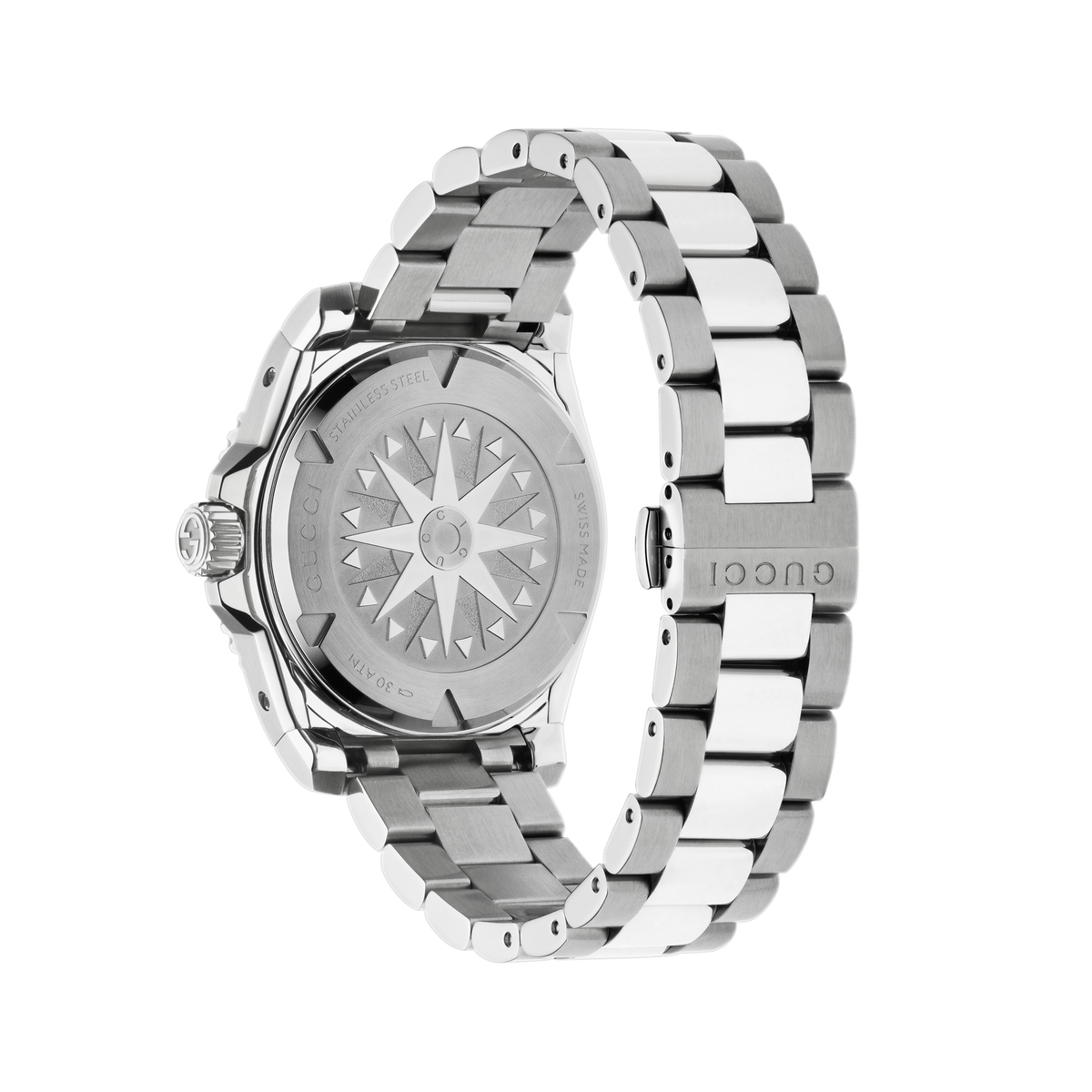 side profile of the Gucci Dive watch highlighting the brushed stainless steel case, unidirectional dive bezel, and screw-down crown detailing green dial
