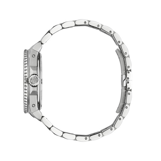 rear view of the Gucci automatic dive watch displaying the stainless steel case back, deployment clasp fastening, and solid link bracelet construction
