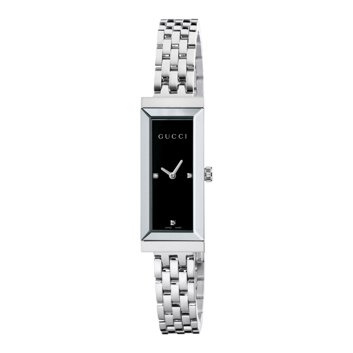 Gucci women’s rectangular dress watch with polished stainless steel bracelet, slim silver-tone case, and deep black dial shown in full front view with Roman numeral detailing
