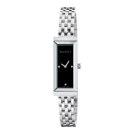 Gucci women’s rectangular dress watch with polished stainless steel bracelet, slim silver-tone case, and deep black dial shown in full front view with Roman numeral detailing
