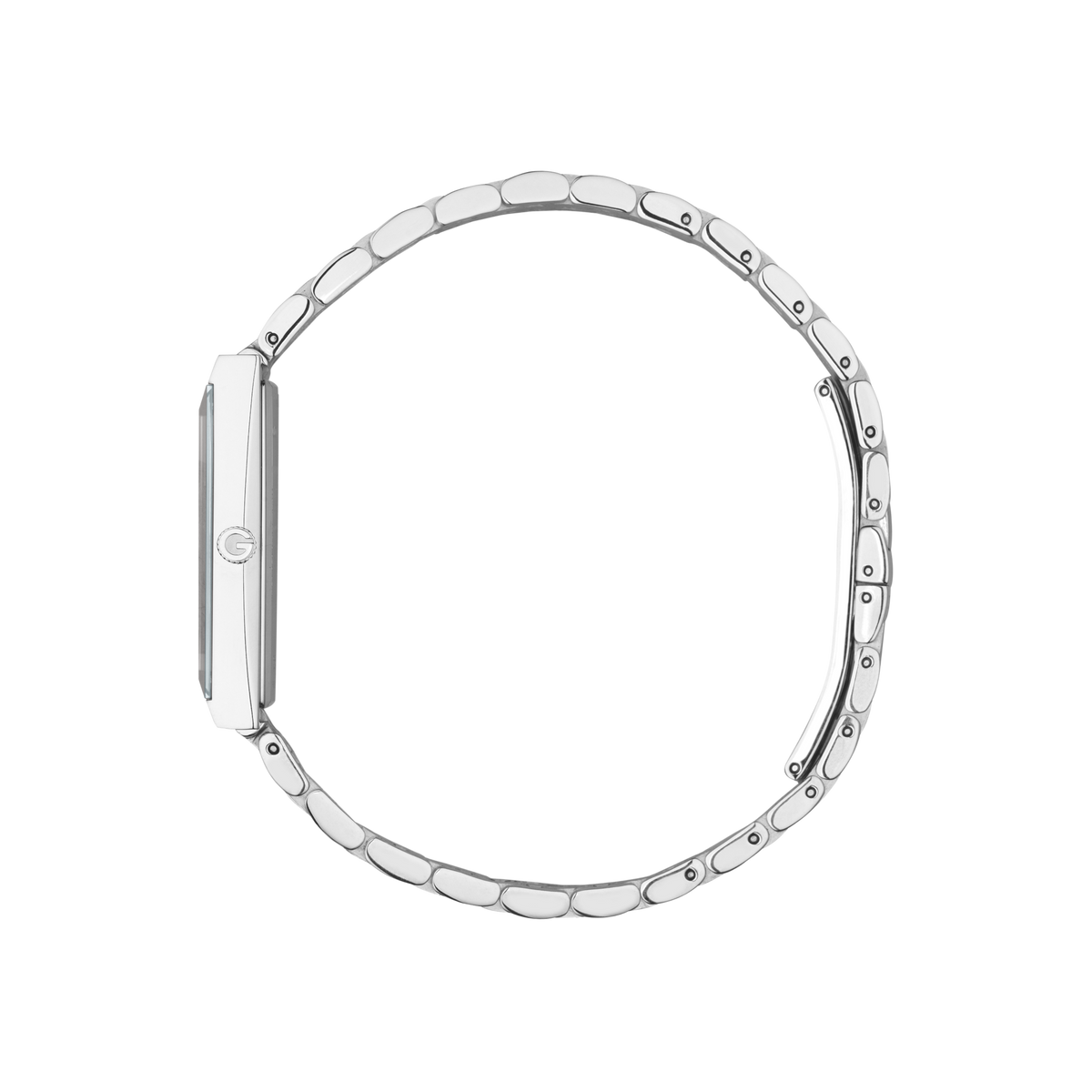 side profile of the Gucci watch highlighting the slim rectangular case, polished stainless steel bracelet links, and elegant jewellery-inspired silhouette
