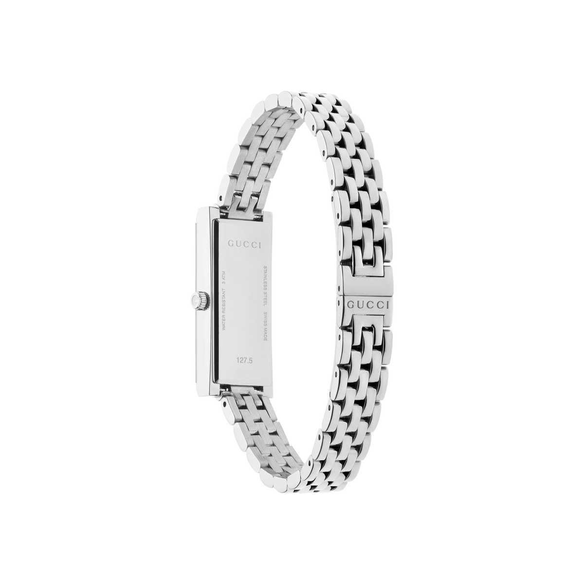 rear view of the Gucci watch displaying the stainless steel case back, secure bracelet clasp fastening, and refined multi-link bracelet construction
