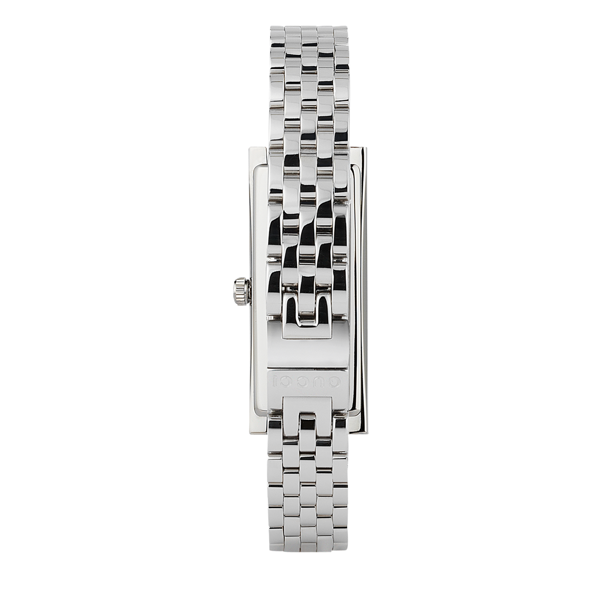 lifestyle image of the Gucci rectangular dial watch worn on the wrist, showcasing the polished stainless steel bracelet and rich burgundy dial styling for sophisticated everyday wear
