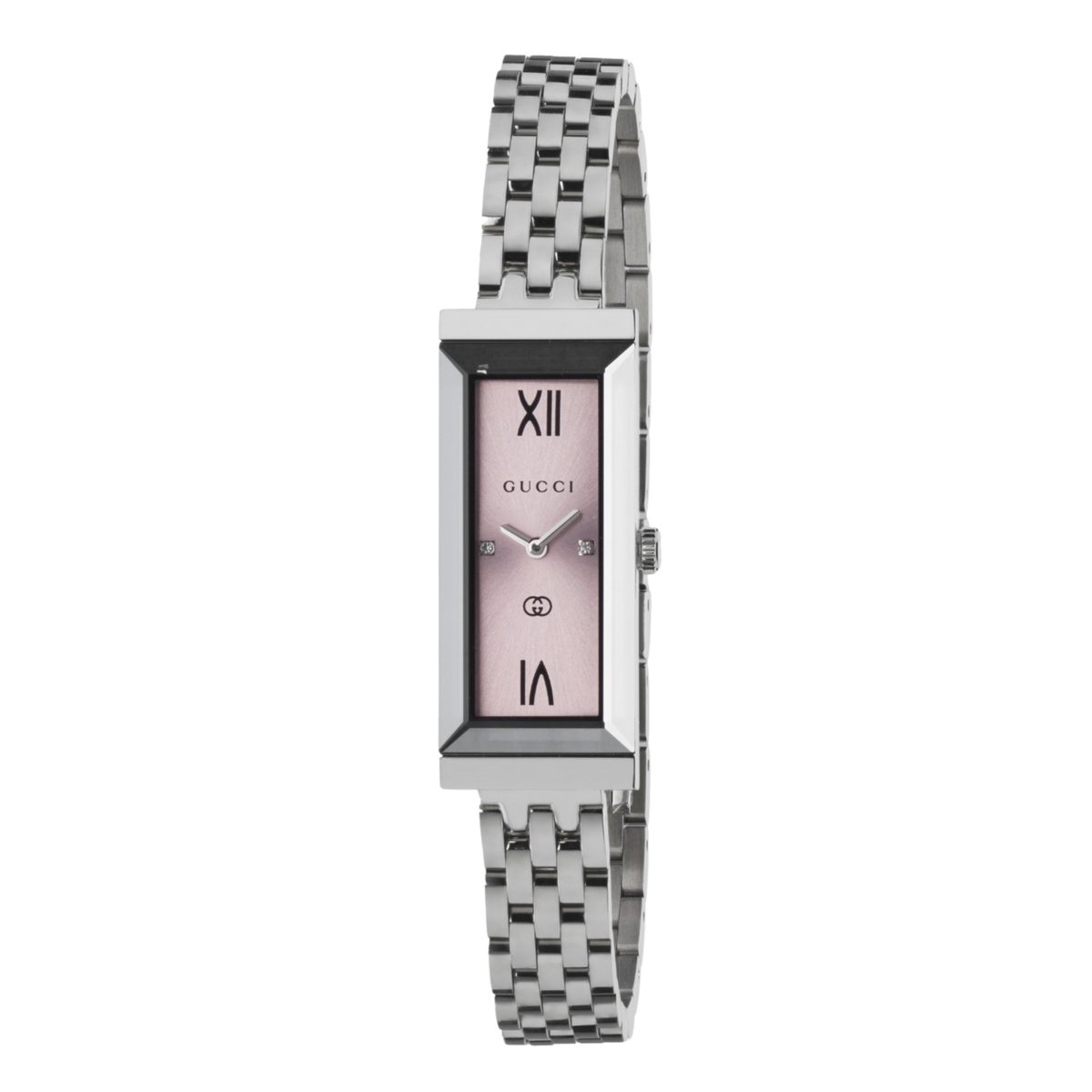 Gucci women’s rectangular dress watch with polished stainless steel bracelet, slim silver-tone case, and soft pink dial shown in full front view with Roman numeral detailing