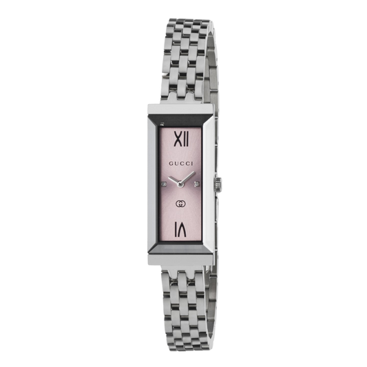 Gucci women’s rectangular dress watch with polished stainless steel bracelet, slim silver-tone case, and soft pink dial shown in full front view with Roman numeral detailing