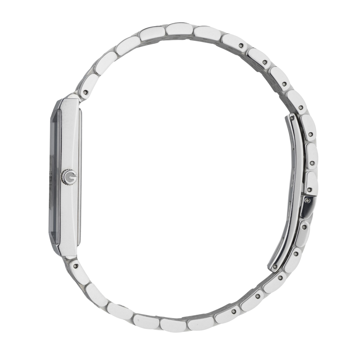 side profile of the Gucci watch highlighting the slim rectangular case, polished stainless steel bracelet links, and refined jewellery-inspired silhouette
