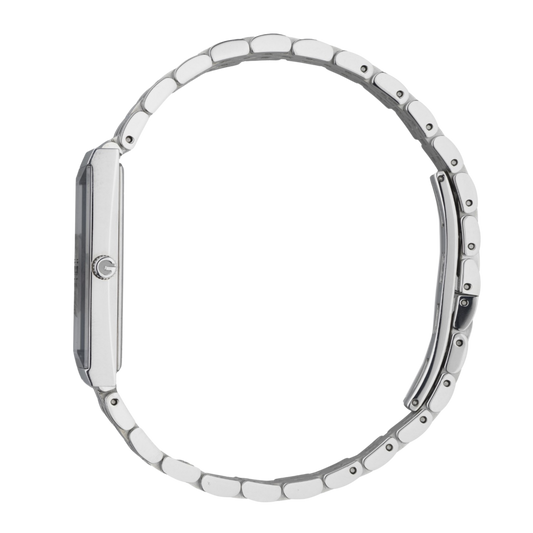 side profile of the Gucci watch highlighting the slim rectangular case, polished stainless steel bracelet links, and refined jewellery-inspired silhouette
