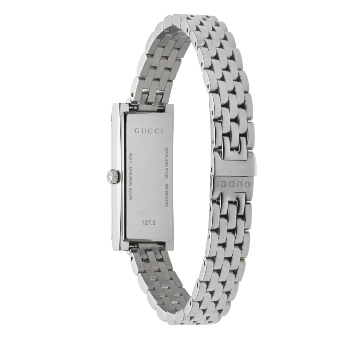 rear view of the Gucci watch displaying the stainless steel case back, secure bracelet clasp fastening, and elegant multi-link bracelet construction
