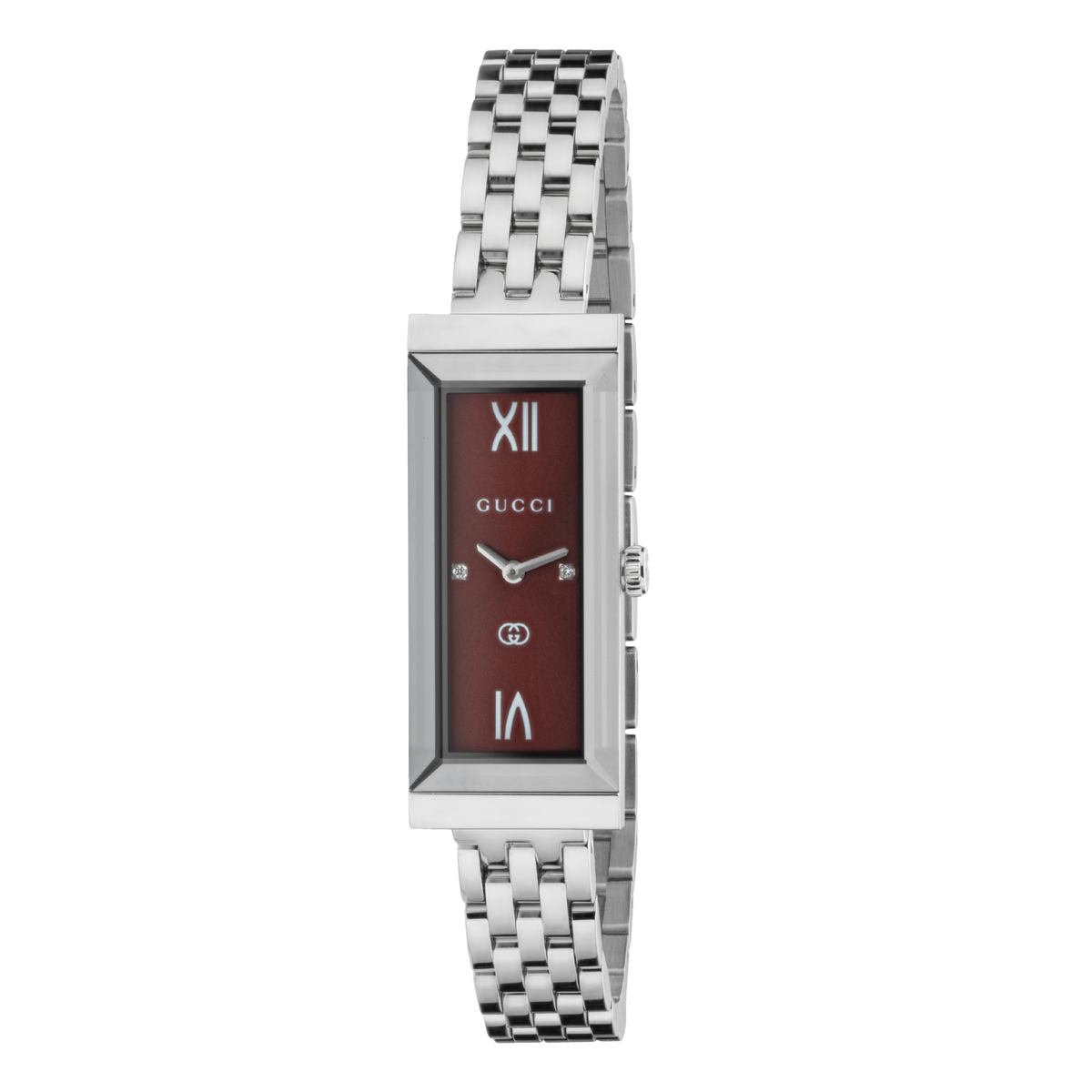 Gucci women’s rectangular dress watch with polished stainless steel bracelet, slim silver-tone case, and deep burgundy dial shown in full front view with Roman numeral detailing
