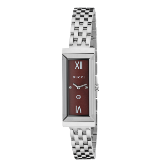 Gucci women’s rectangular dress watch with polished stainless steel bracelet, slim silver-tone case, and deep burgundy dial shown in full front view with Roman numeral detailing
