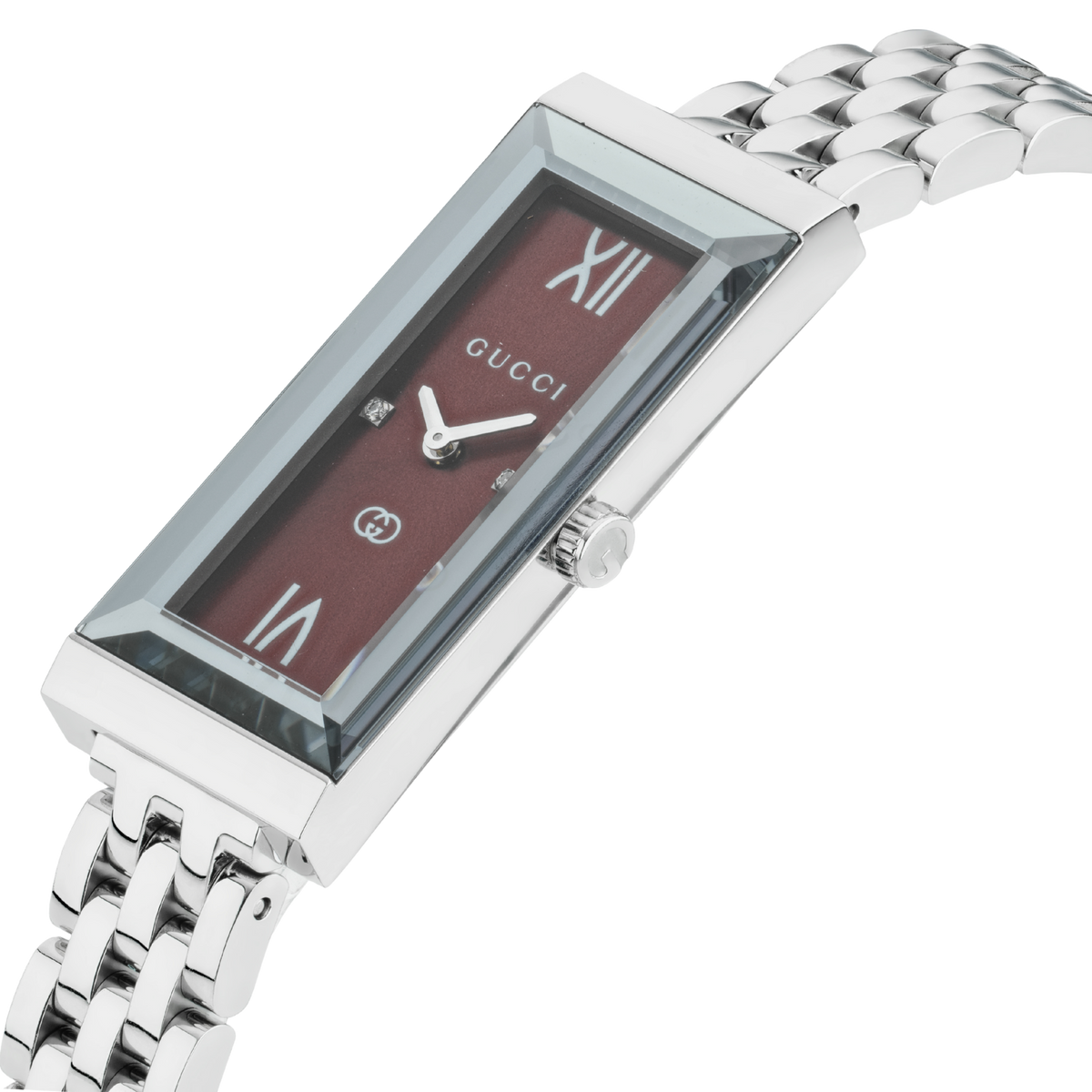 side profile of the Gucci watch highlighting the slim rectangular case, polished stainless steel bracelet links, and elegant jewellery-inspired silhouette
