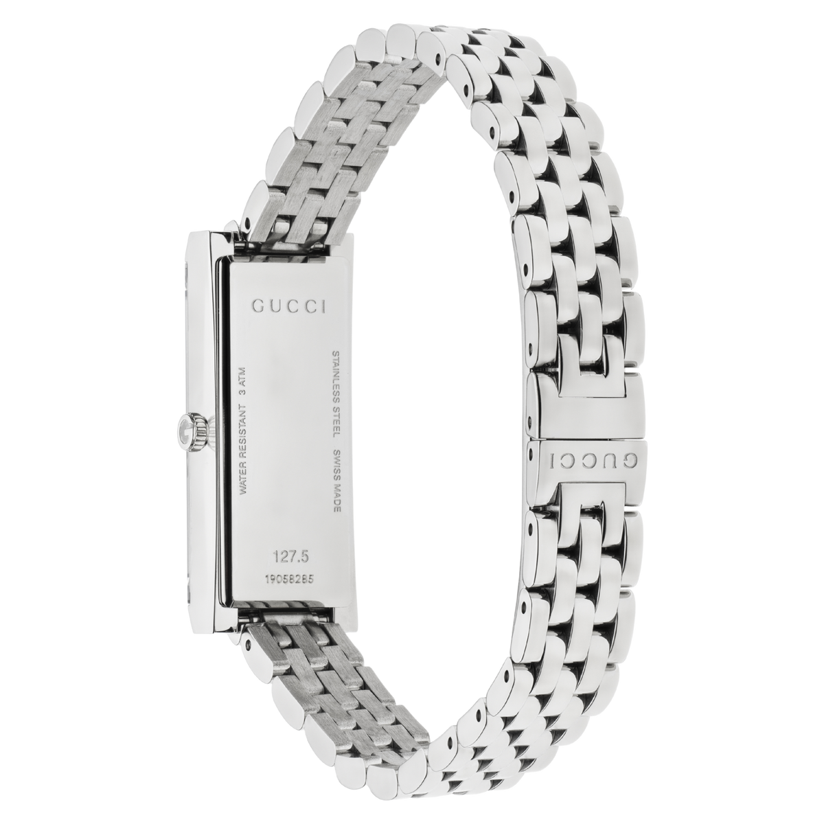 rear view of the Gucci watch displaying the stainless steel case back, secure bracelet clasp fastening, and refined multi-link bracelet construction
