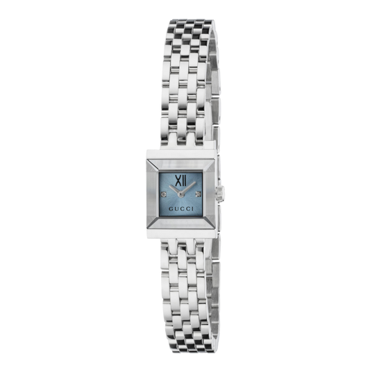 Gucci women’s jewellery-style watch with polished stainless steel bracelet, square silver-tone case, and light blue dial shown in full front view with Roman numeral detailing